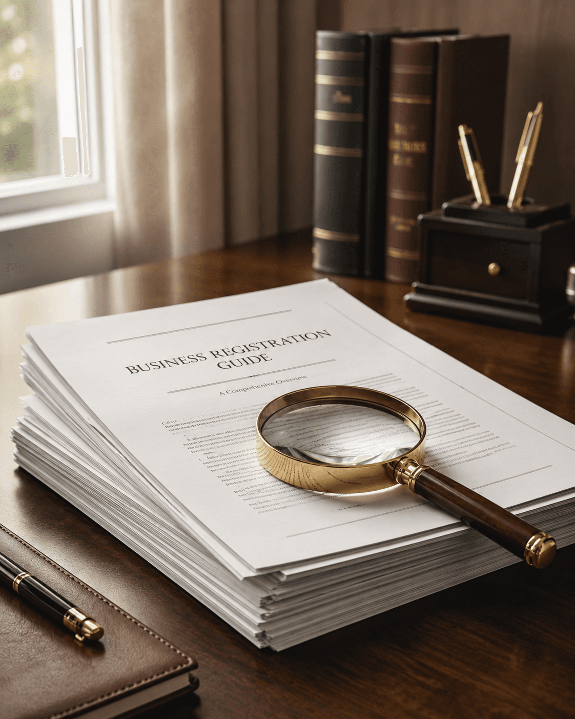 Legal documents and a magnifying glass, symbolizing an SEC registration guide