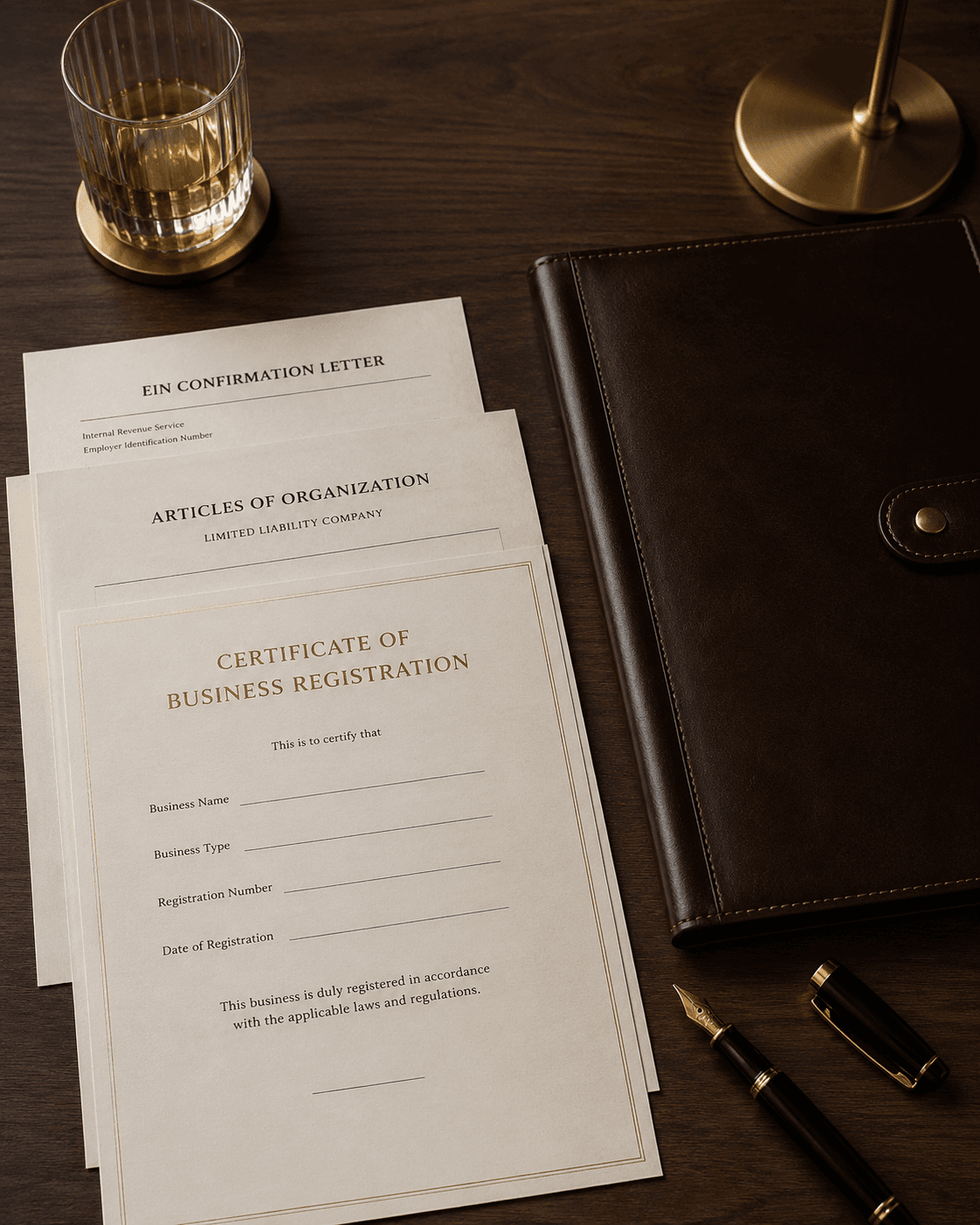 Business registration documents and a leather portfolio on a desk